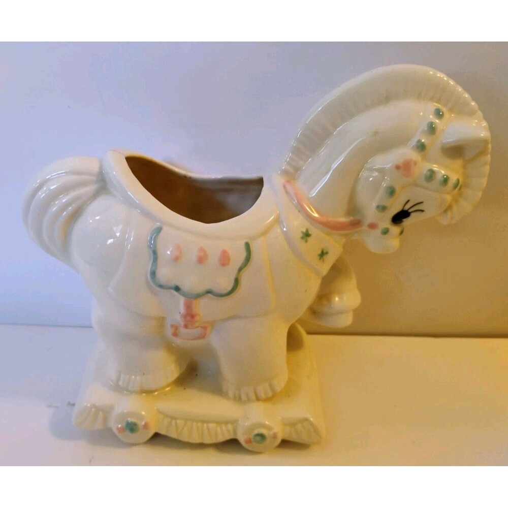 Vintage Mid Century Ceramic Rocking Horse Planter Signed Aline Kitsch